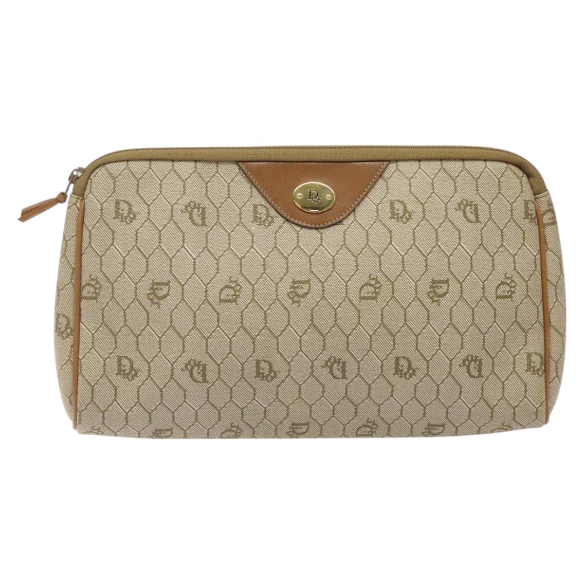 Christian Dior Honeycomb Canvas Clutch Bag PVC Beige Gold Auth yk18440
