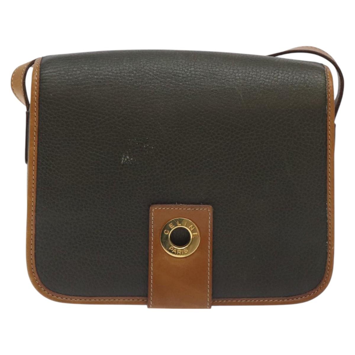 CELINE Shoulder Bag Leather Khaki Gold Auth yk18543