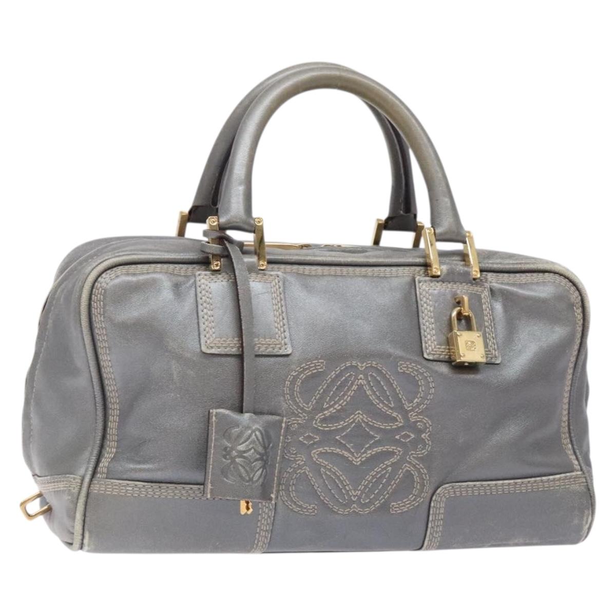 LOEWE Anagram Amazona 28 Hand Bag Leather Silver Gold Auth yk18578