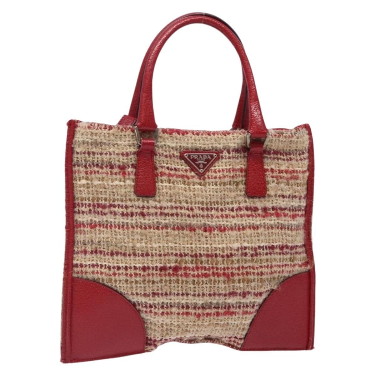PRADA Hand Bag Tweed Leather Red Beige Silver Auth yk18580