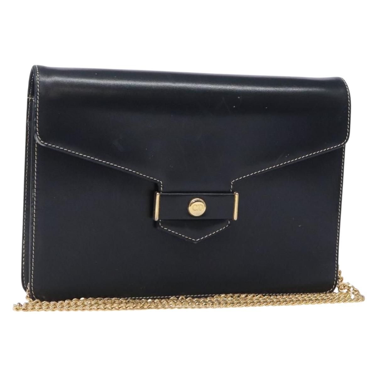 Christian Dior Chain Shoulder Bag Leather Navy Gold Auth yk18586