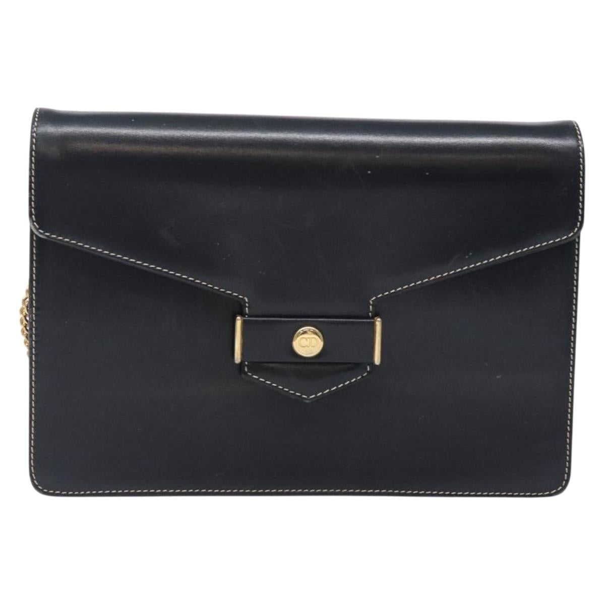 Christian Dior Chain Shoulder Bag Leather Navy Gold Auth yk18586