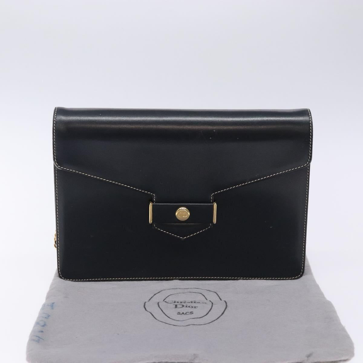 Christian Dior Chain Shoulder Bag Leather Navy Gold Auth yk18586