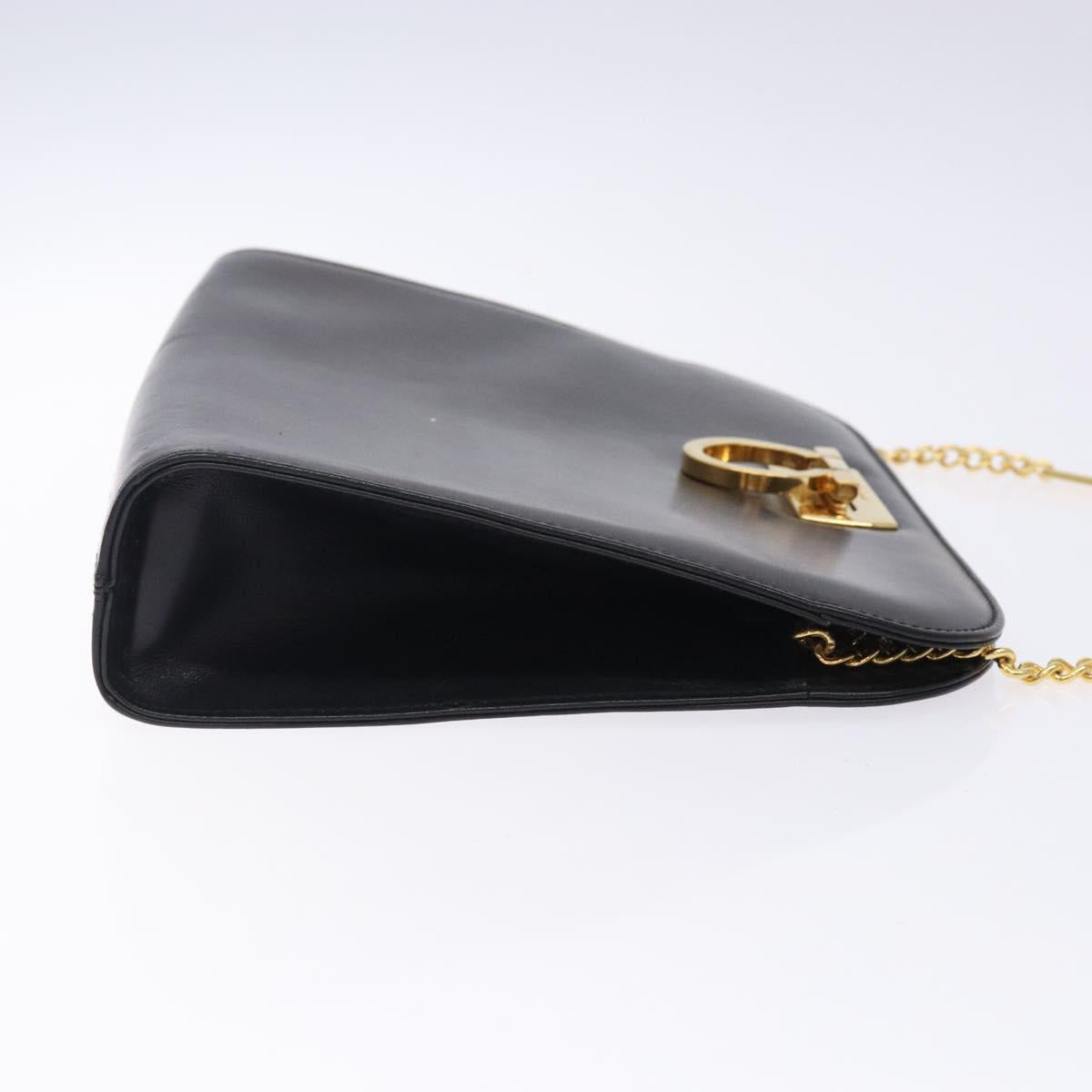 Salvatore Ferragamo Gancini Chain Shoulder Bag Leather Black Gold Auth yk18587