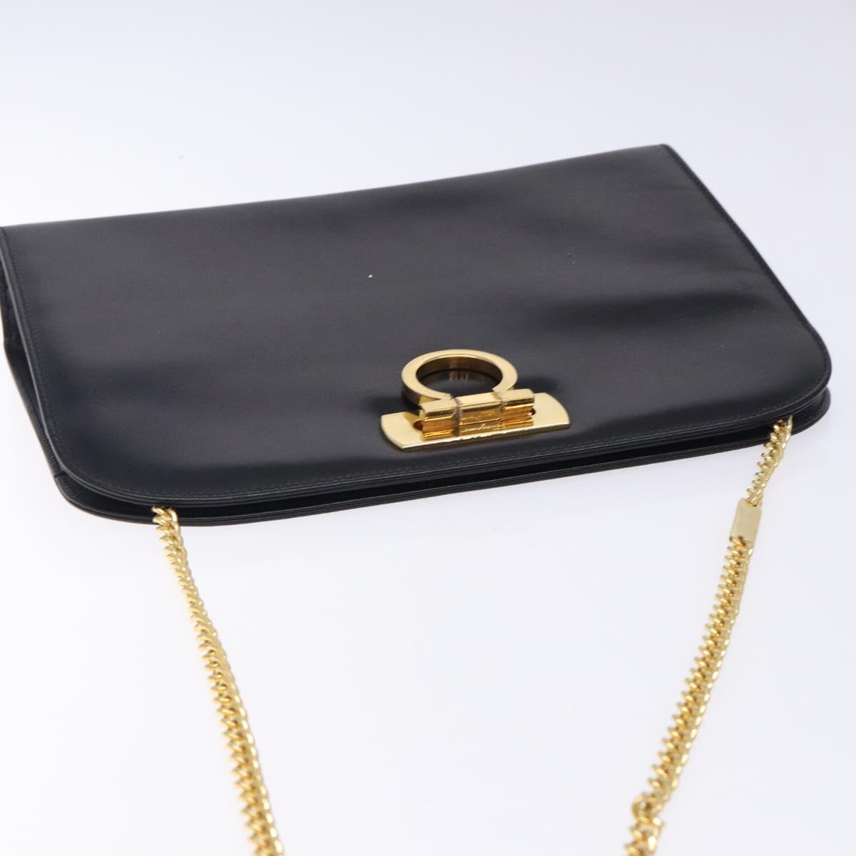 Salvatore Ferragamo Gancini Chain Shoulder Bag Leather Black Gold Auth yk18587