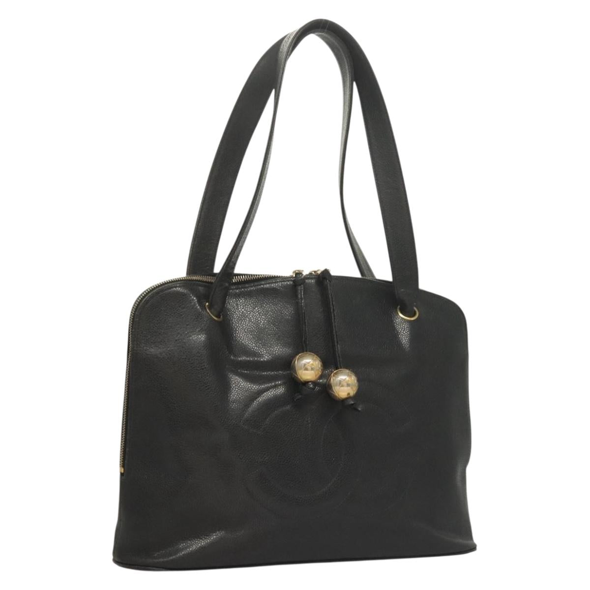 CHANEL COCO Mark Tote Bag Caviar Skin Black Gold CC Auth yk18607