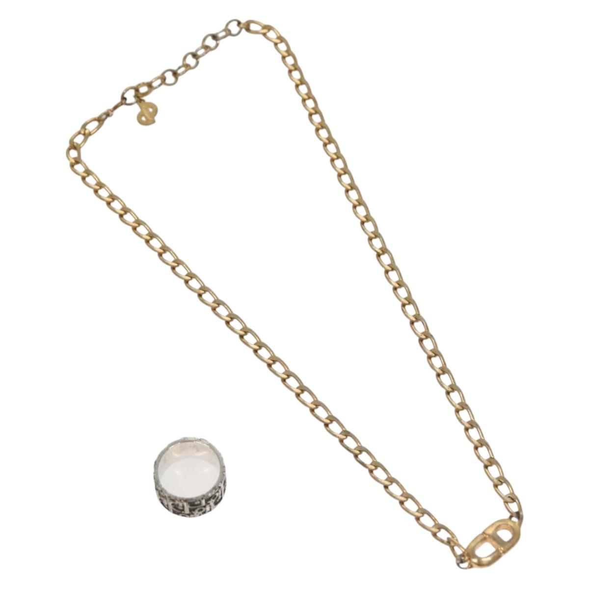 Christian Dior Ring Necklace Metal 2Set Silver Gold Tone Auth yk18632