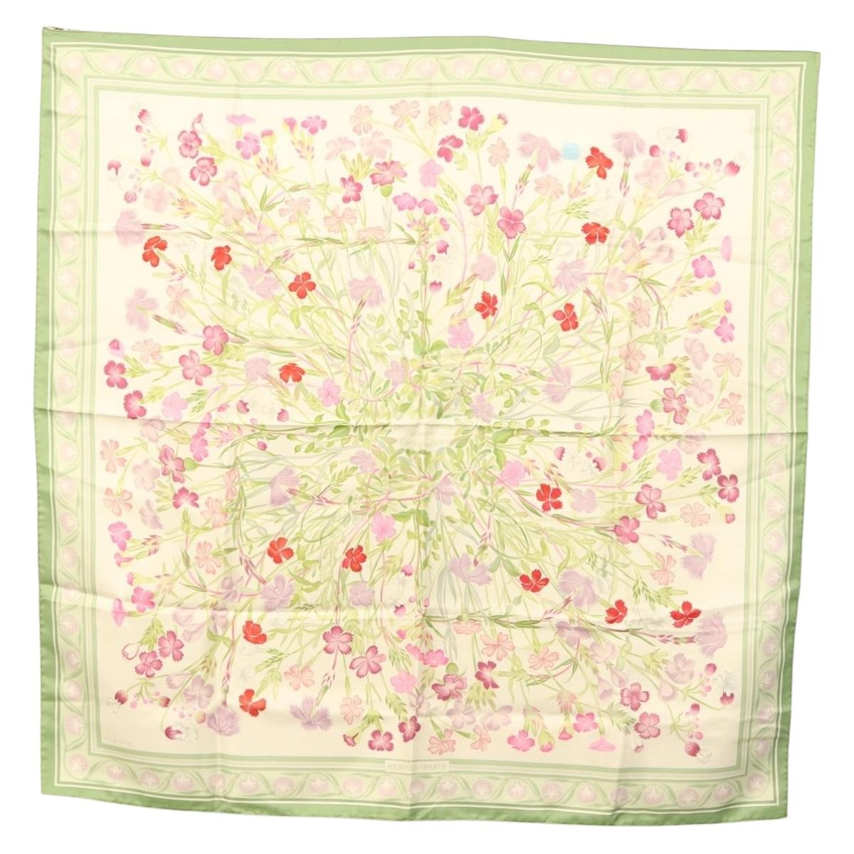 HERMES Carre 90 Scarf ""OEillets sauvages et autres Caryophyllees"" Auth yk18713