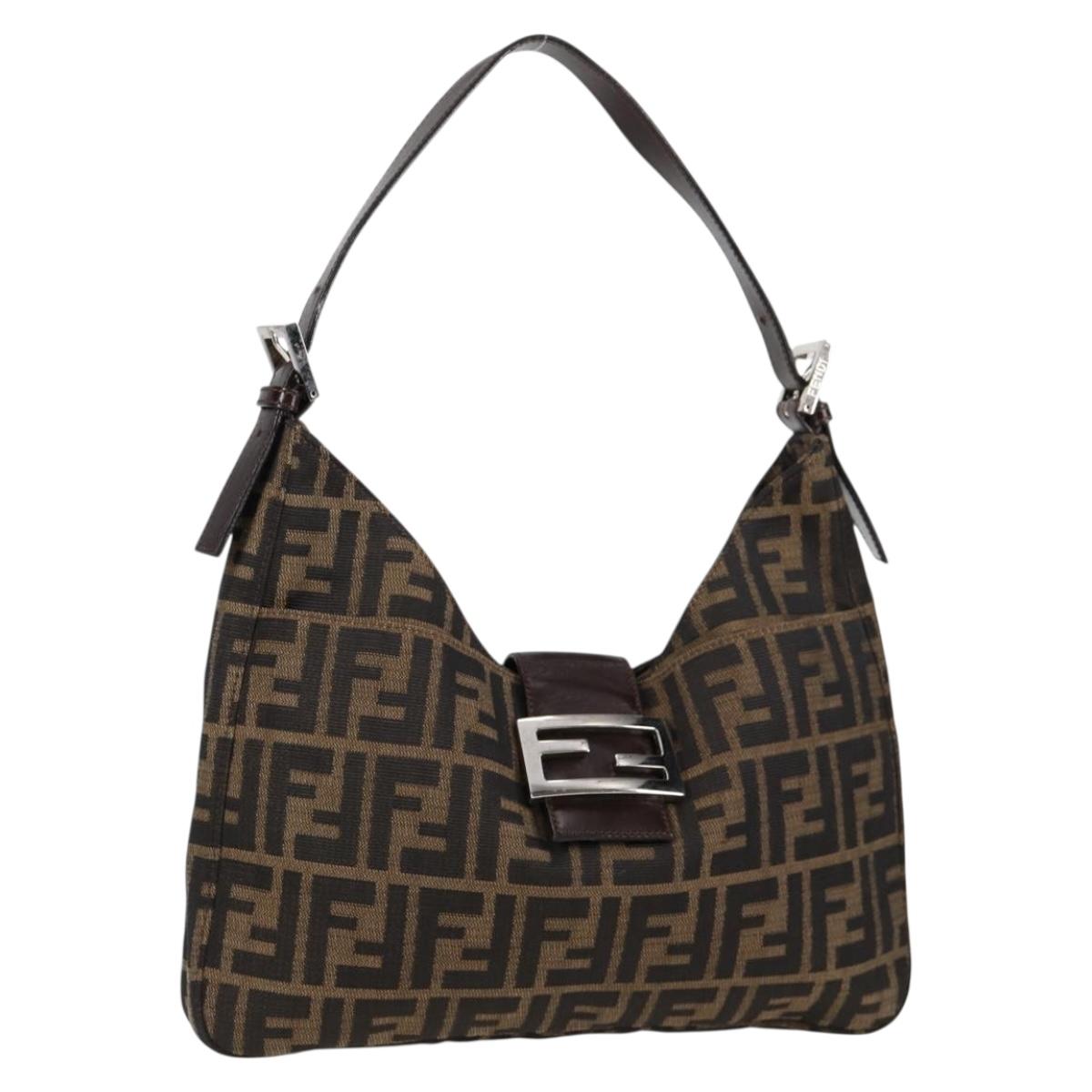 FENDI Zucca Canvas Mamma Baguette Shoulder Bag Black Brown Silver Auth yk18737V