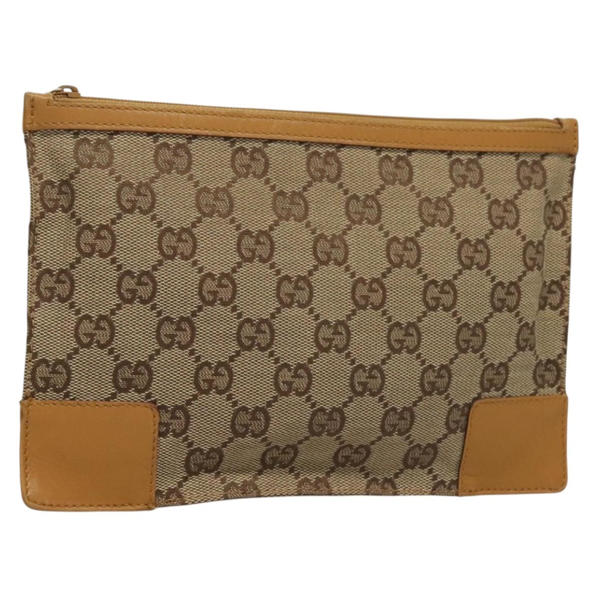 GUCCI GG Canvas Pouch Beige Gold Auth yk18740