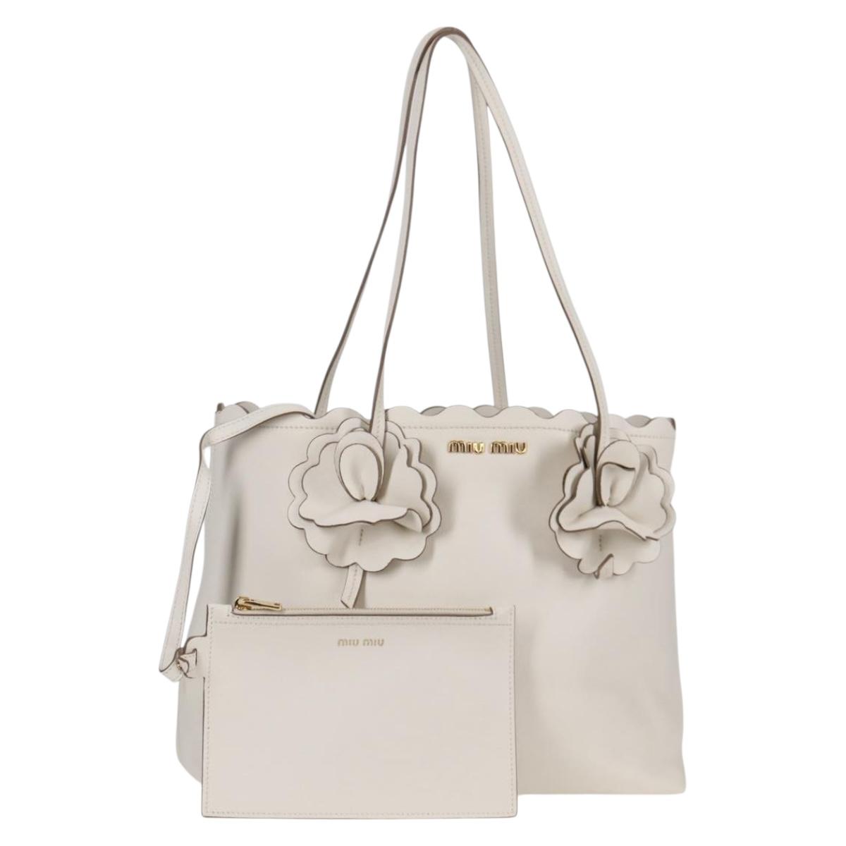 Miu Miu Tote Bag Leather White Gold Auth yk18751V