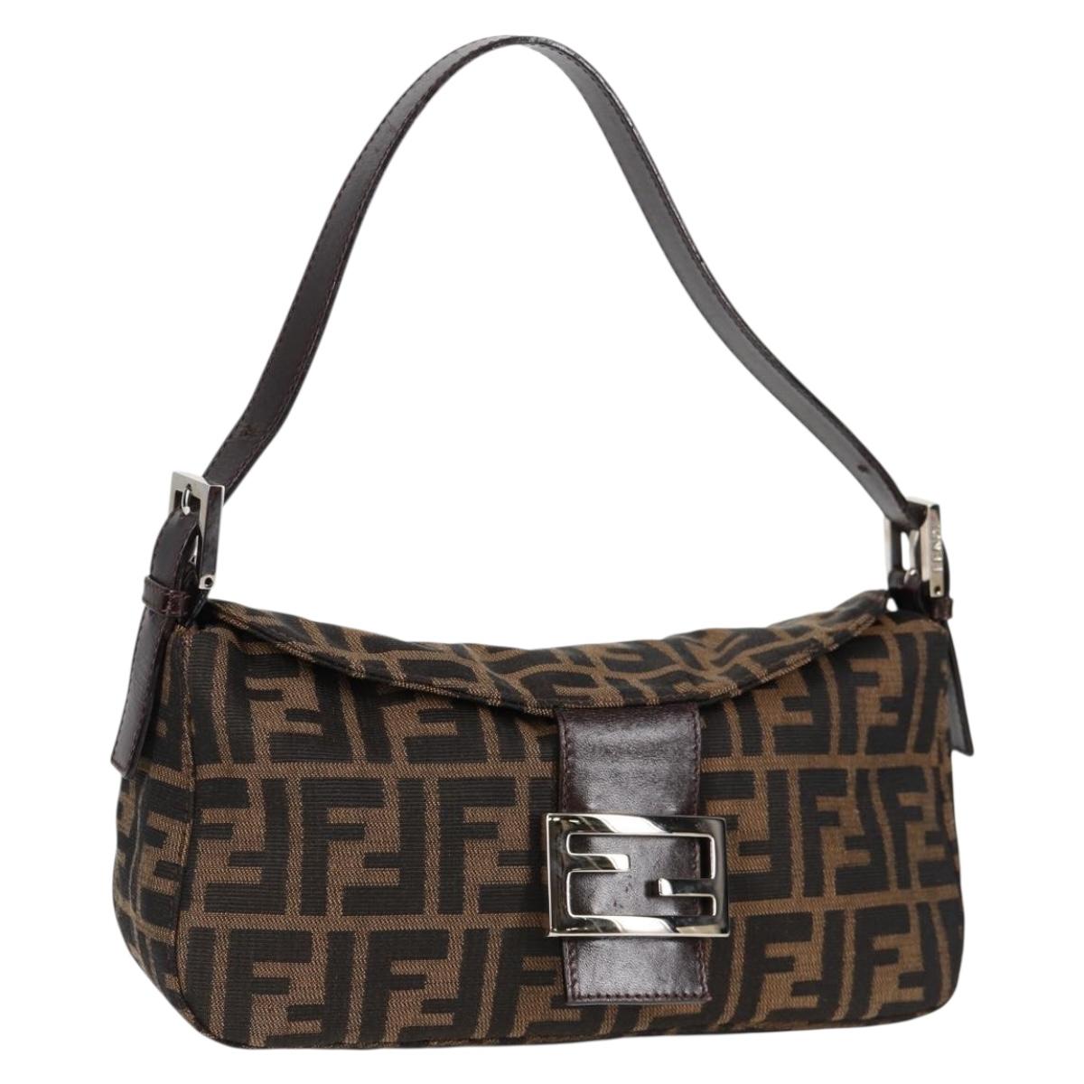 FENDI Zucca Canvas Mamma Baguette Shoulder Bag Black Brown Silver Auth yk18776V