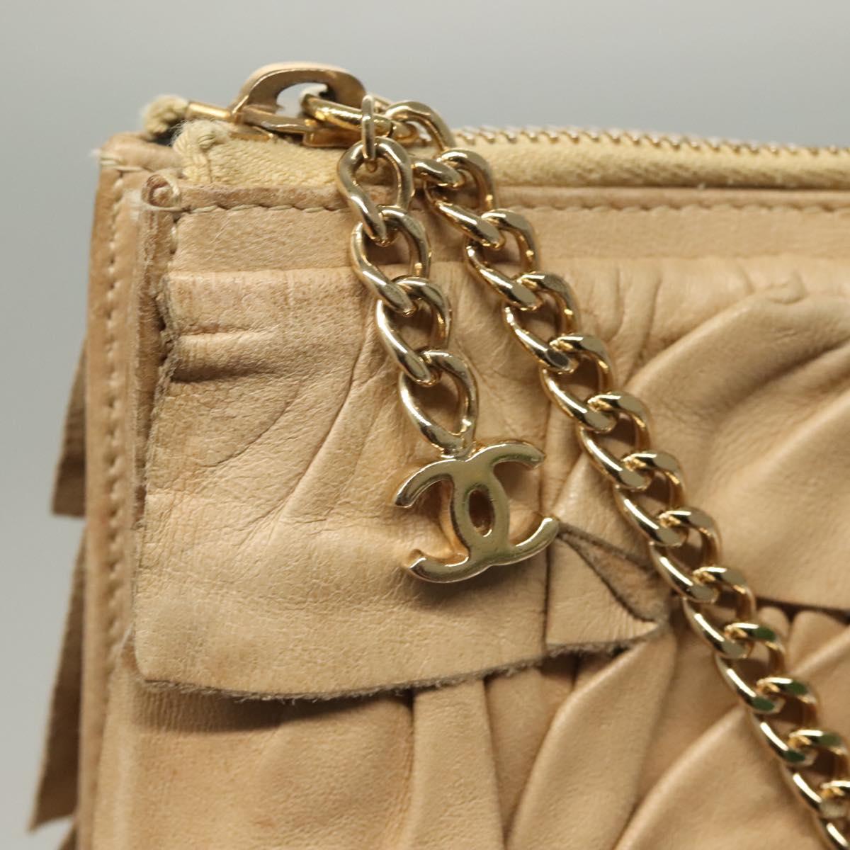 CHANEL Frill Chain Hand Bag Lamb Skin Beige Gold CC Auth yk18806