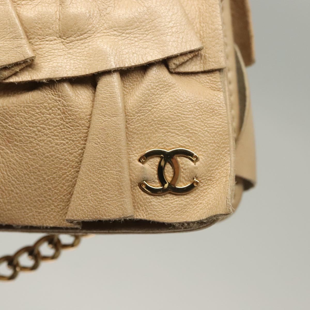CHANEL Frill Chain Hand Bag Lamb Skin Beige Gold CC Auth yk18806