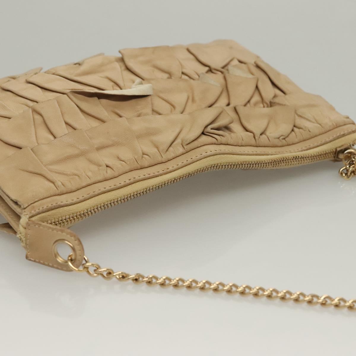 CHANEL Frill Chain Hand Bag Lamb Skin Beige Gold CC Auth yk18806