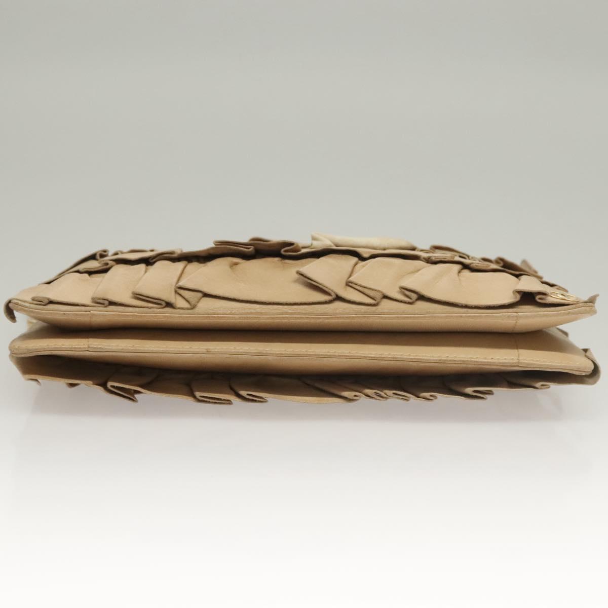 CHANEL Frill Chain Hand Bag Lamb Skin Beige Gold CC Auth yk18806