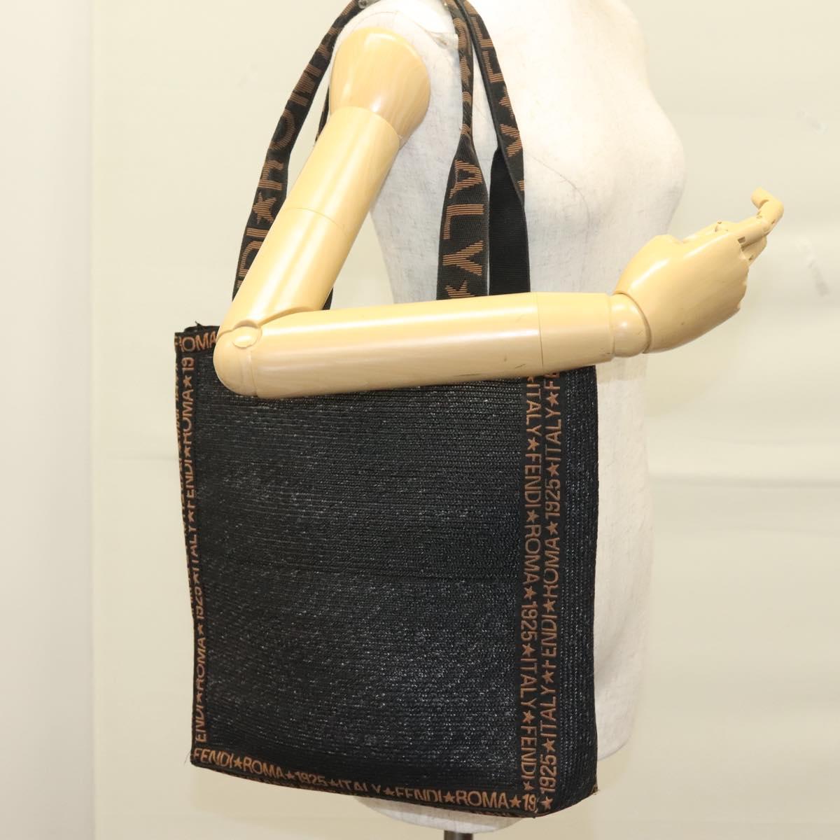 FENDI Tote Bag Straw Black Auth yk18835