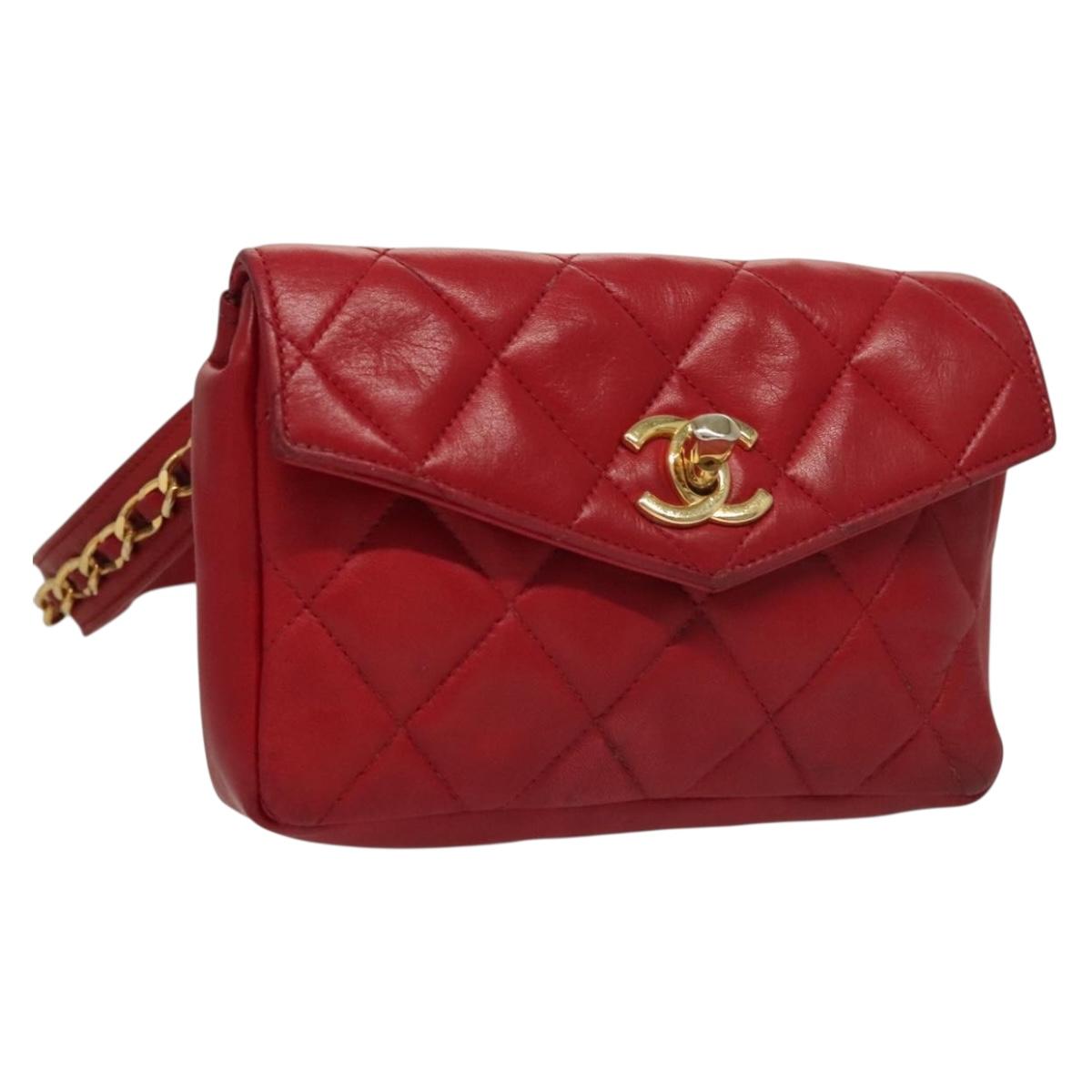 CHANEL Matelasse Chain Waist bag Lamb Skin Red Gold CC Auth yk18848