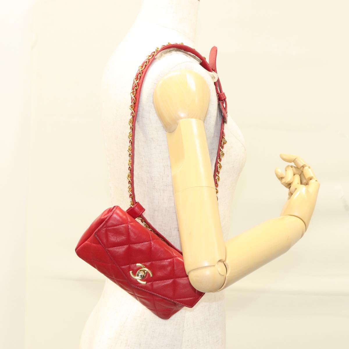 CHANEL Matelasse Chain Waist bag Lamb Skin Red Gold CC Auth yk18848