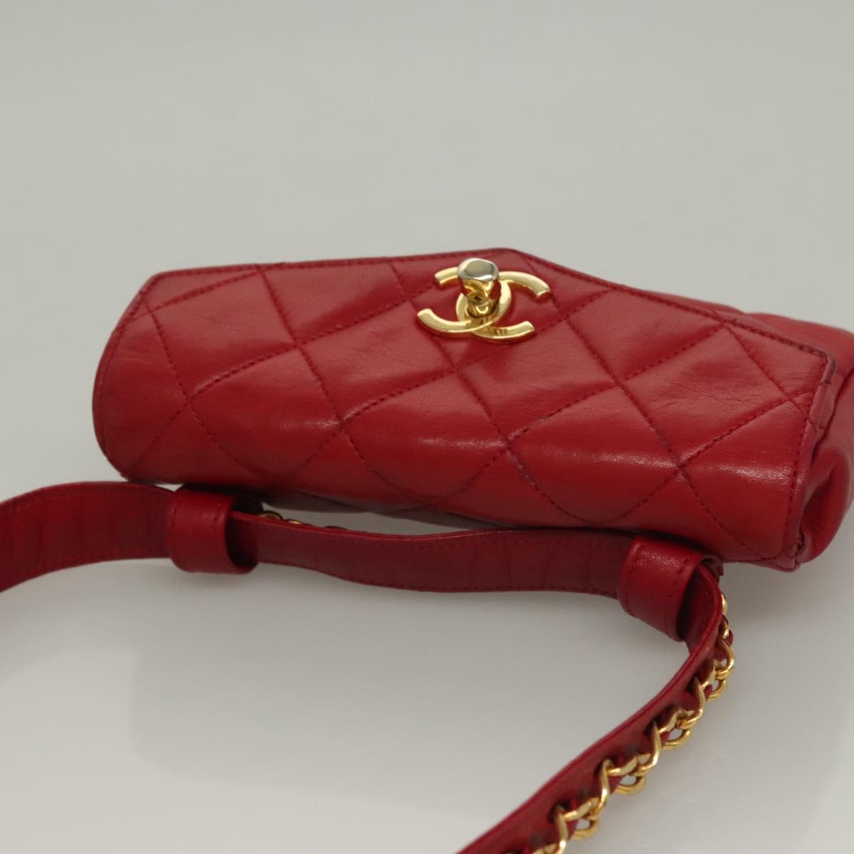 CHANEL Matelasse Chain Waist bag Lamb Skin Red Gold CC Auth yk18848
