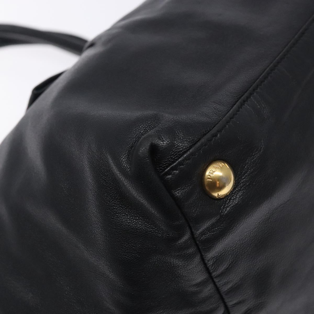 PRADA Ribbon Hand Bag Leather Black Gold Auth yk18879