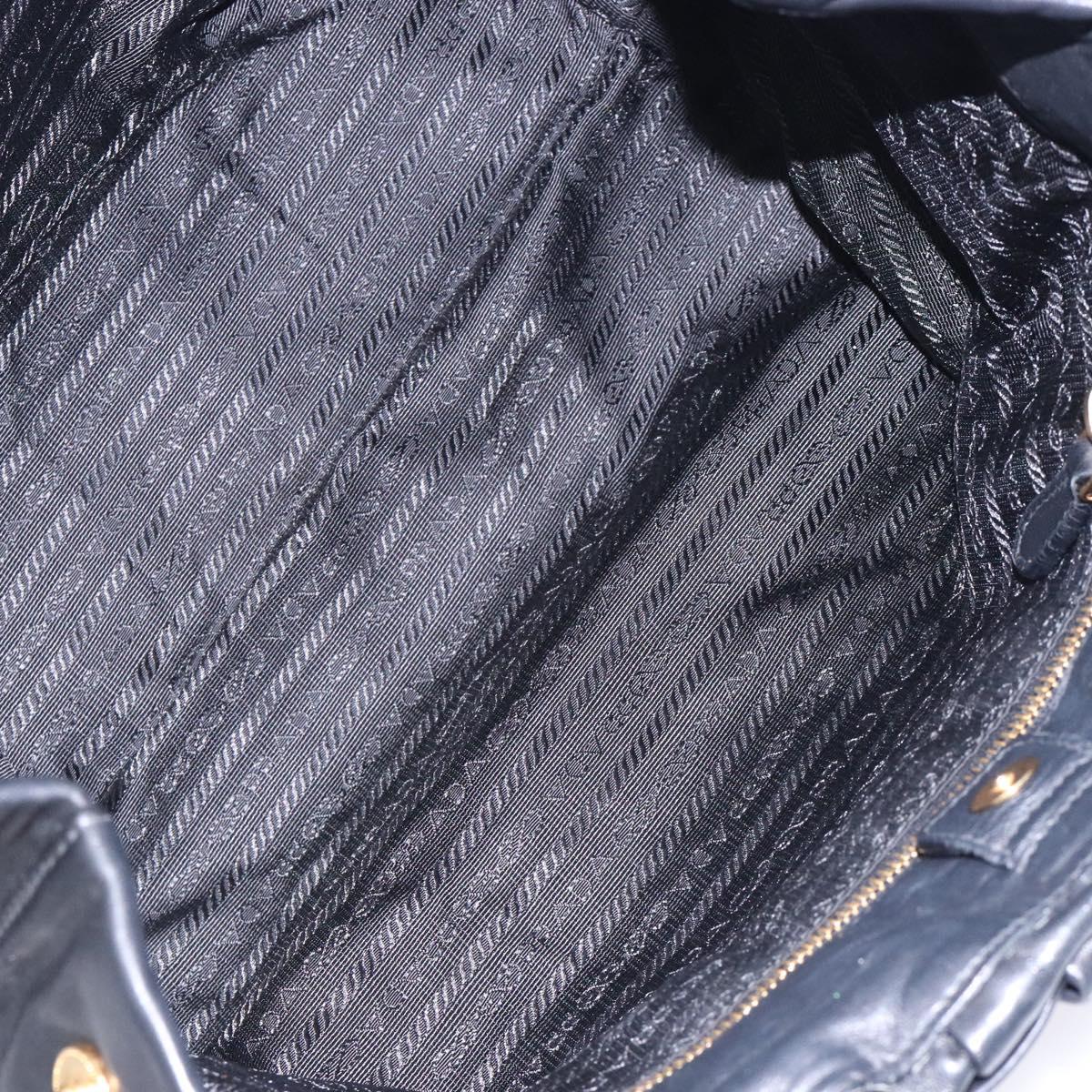 PRADA Ribbon Hand Bag Leather Black Gold Auth yk18879