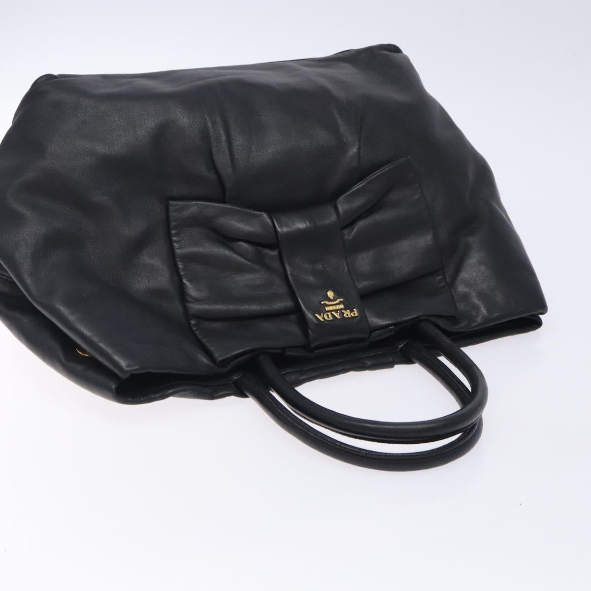 PRADA Ribbon Hand Bag Leather Black Gold Auth yk18879