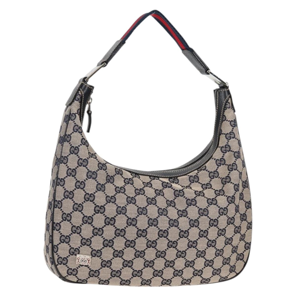 GUCCI GG Canvas Sherry Line Shoulder Bag Navy Beige Red 145757 Auth yk18918V