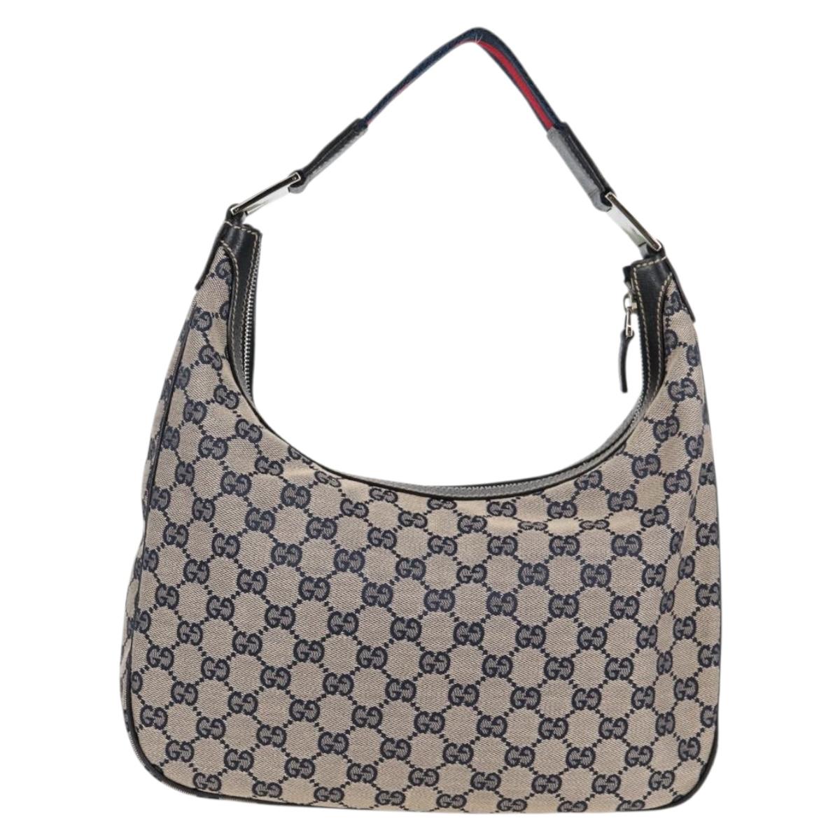 GUCCI GG Canvas Sherry Line Shoulder Bag Navy Beige Red 145757 Auth yk18918V