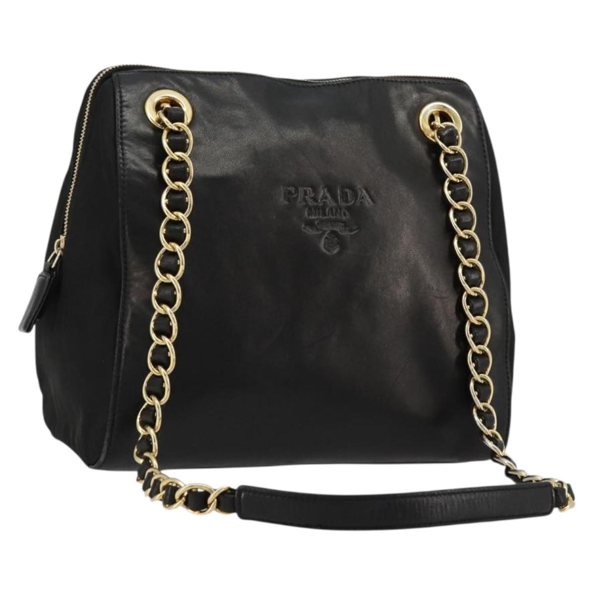 PRADA Chain Shoulder Bag Leather Black Gold Auth yk18939