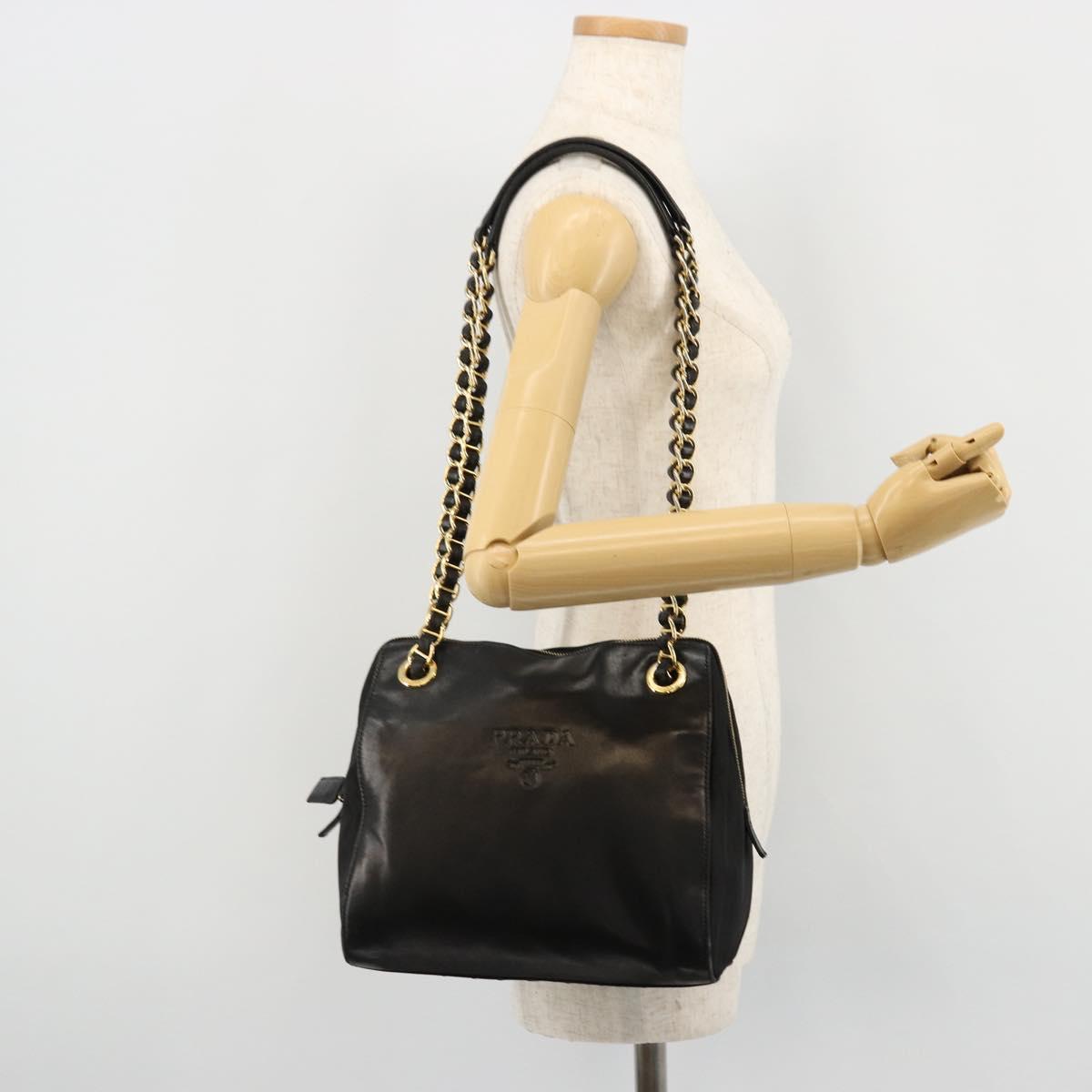 PRADA Chain Shoulder Bag Leather Black Gold Auth yk18939