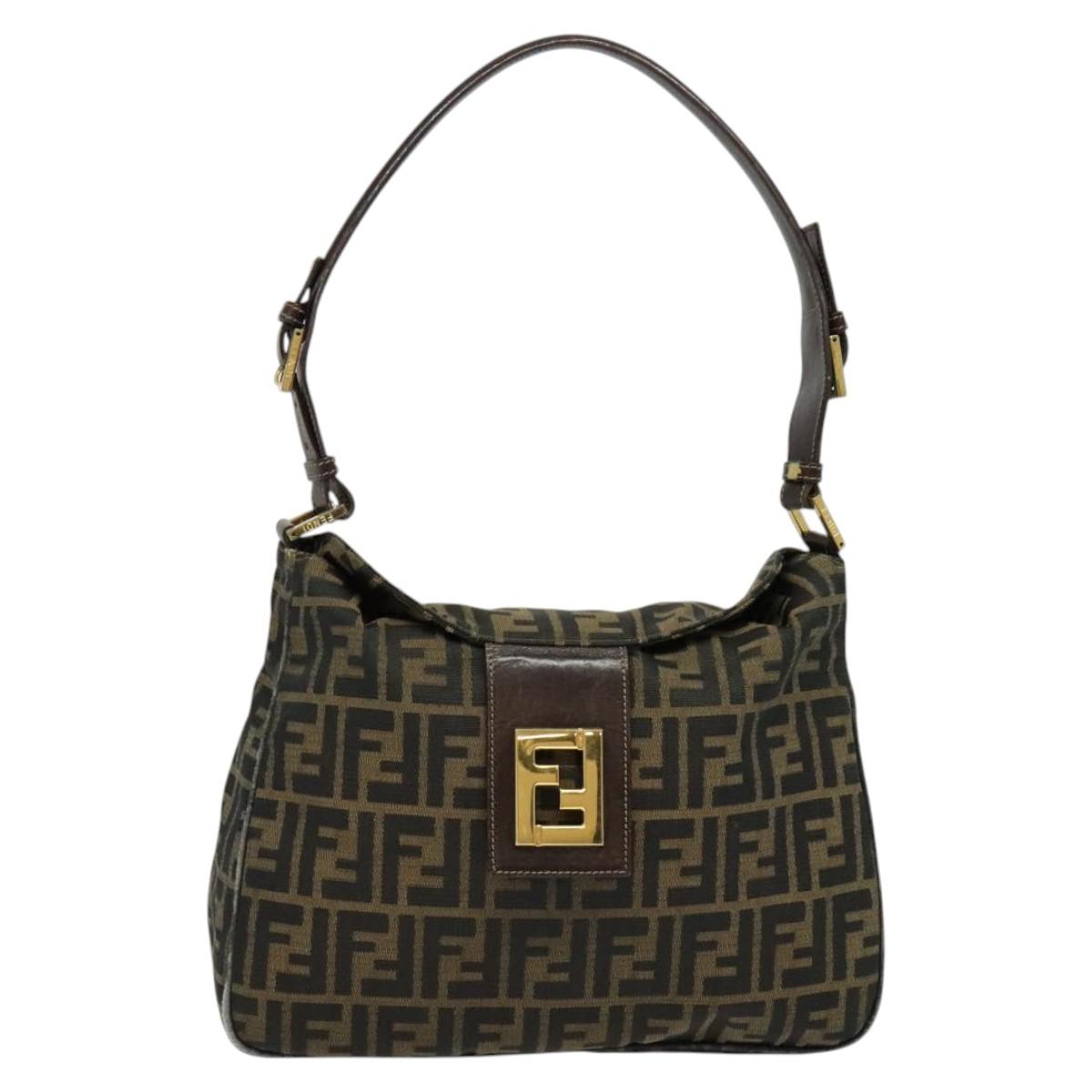 FENDI Zucca Canvas Shoulder Bag Black Brown gold Auth yk18972