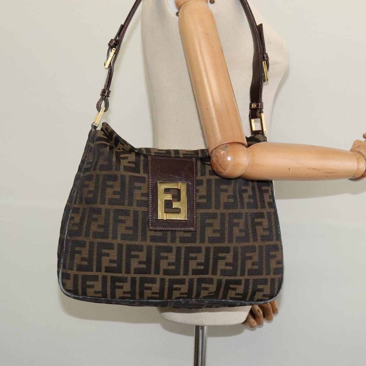 FENDI Zucca Canvas Shoulder Bag Black Brown gold Auth yk18972