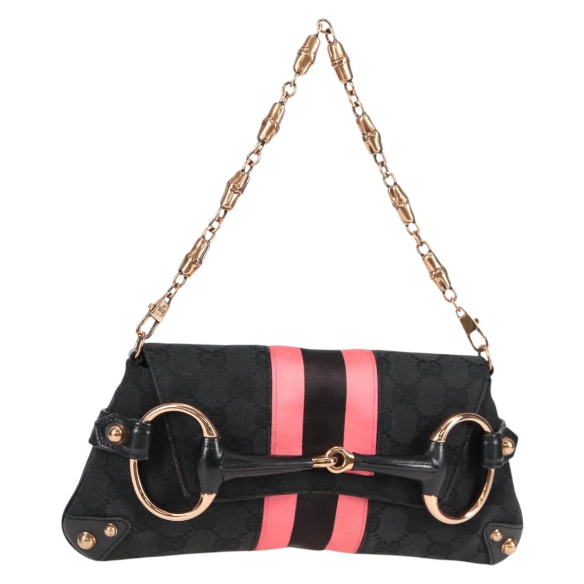 GUCCI GG Canvas Bamboo Chain Horsebit Hand Bag Black Gold 129497 Auth yk18998V