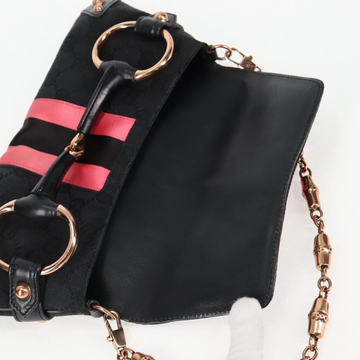 GUCCI GG Canvas Bamboo Chain Horsebit Hand Bag Black Gold 129497 Auth yk18998V