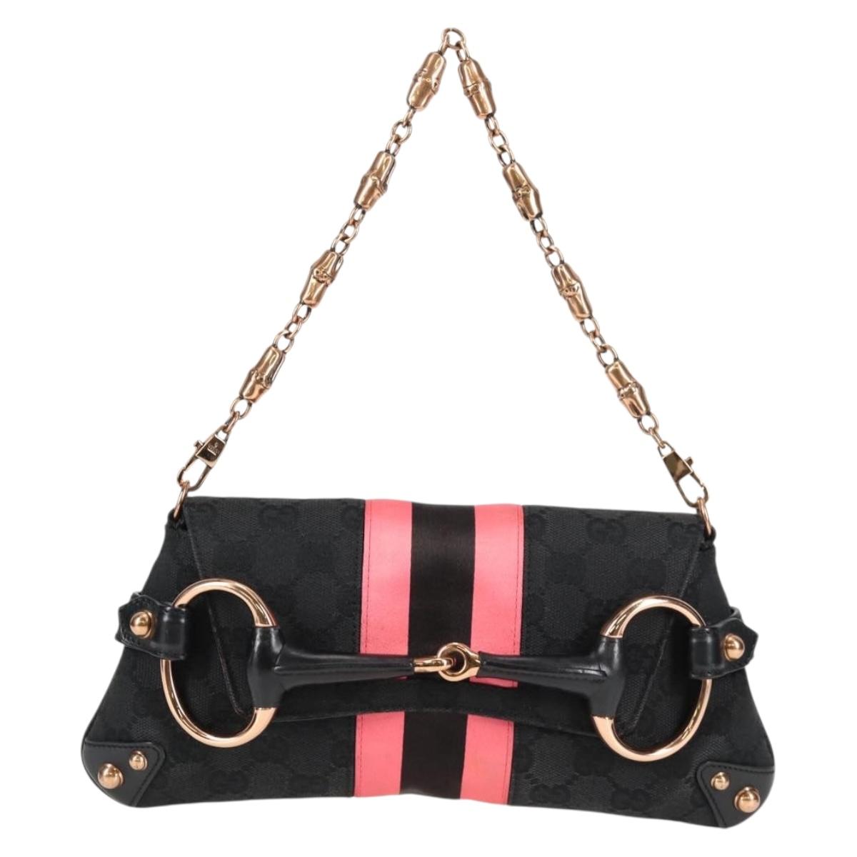 GUCCI GG Canvas Bamboo Chain Horsebit Hand Bag Black Gold 129497 Auth yk18998V