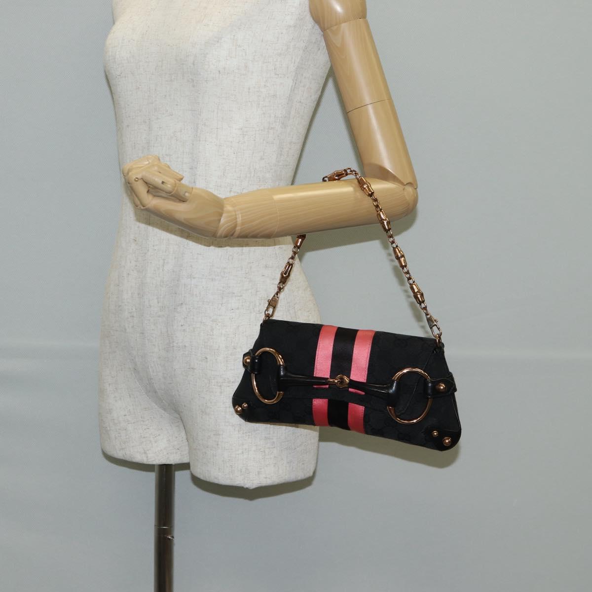 GUCCI GG Canvas Bamboo Chain Horsebit Hand Bag Black Gold 129497 Auth yk18998V