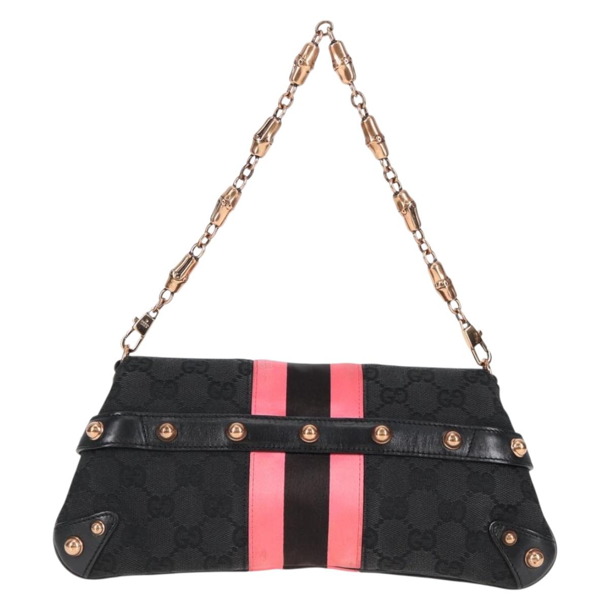 GUCCI GG Canvas Bamboo Chain Horsebit Hand Bag Black Gold 129497 Auth yk18998V