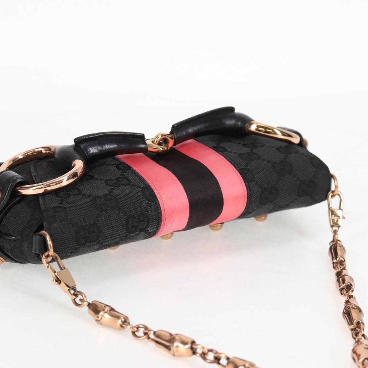 GUCCI GG Canvas Bamboo Chain Horsebit Hand Bag Black Gold 129497 Auth yk18998V