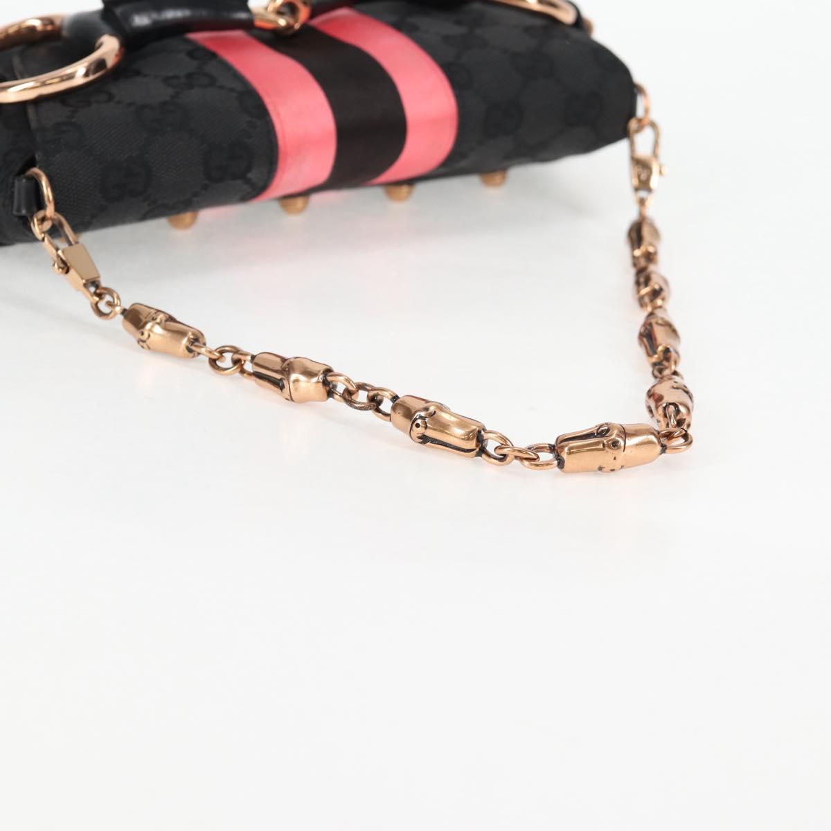 GUCCI GG Canvas Bamboo Chain Horsebit Hand Bag Black Gold 129497 Auth yk18998V