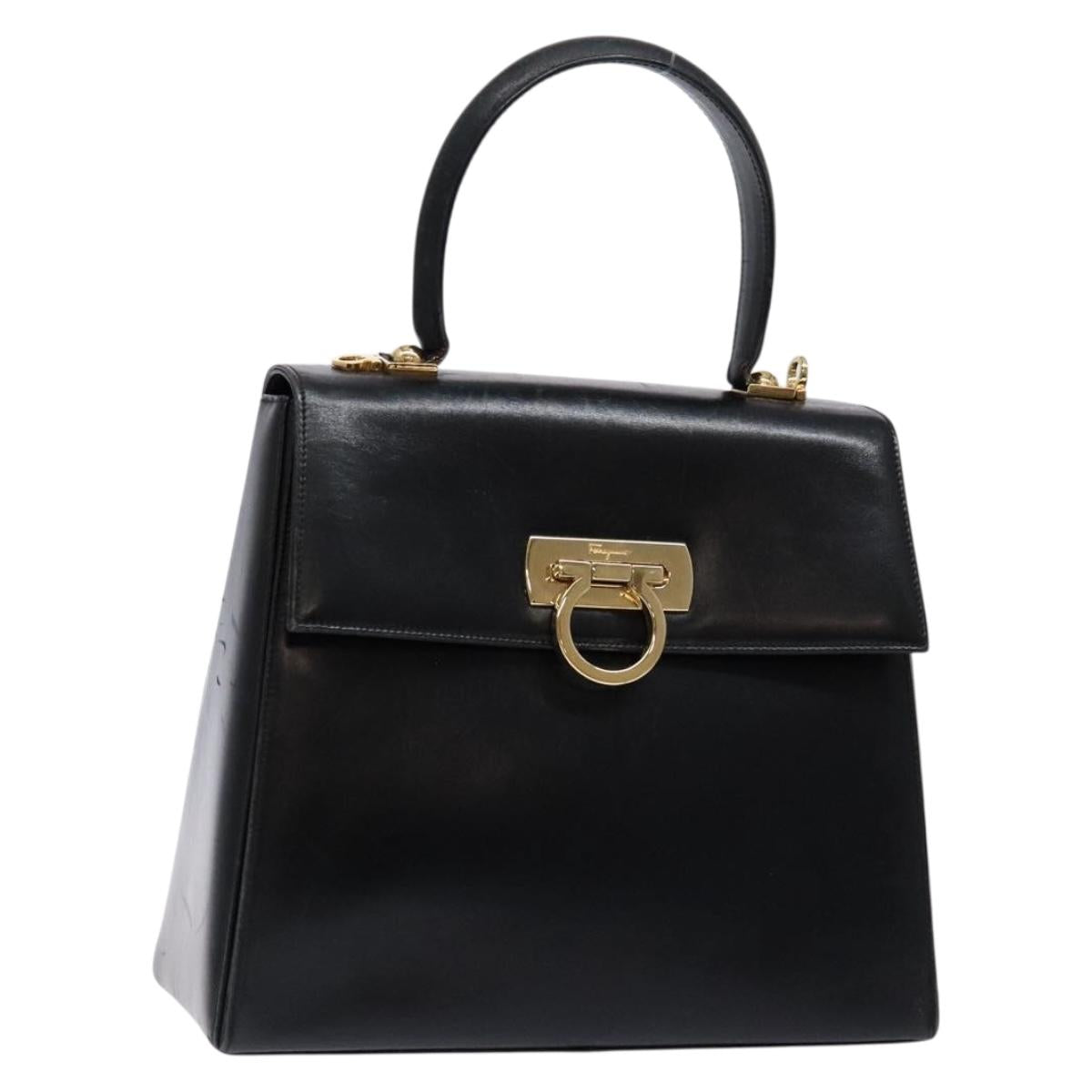 Salvatore Ferragamo Gancini Hand Bag Leather Black Gold Auth yk19008