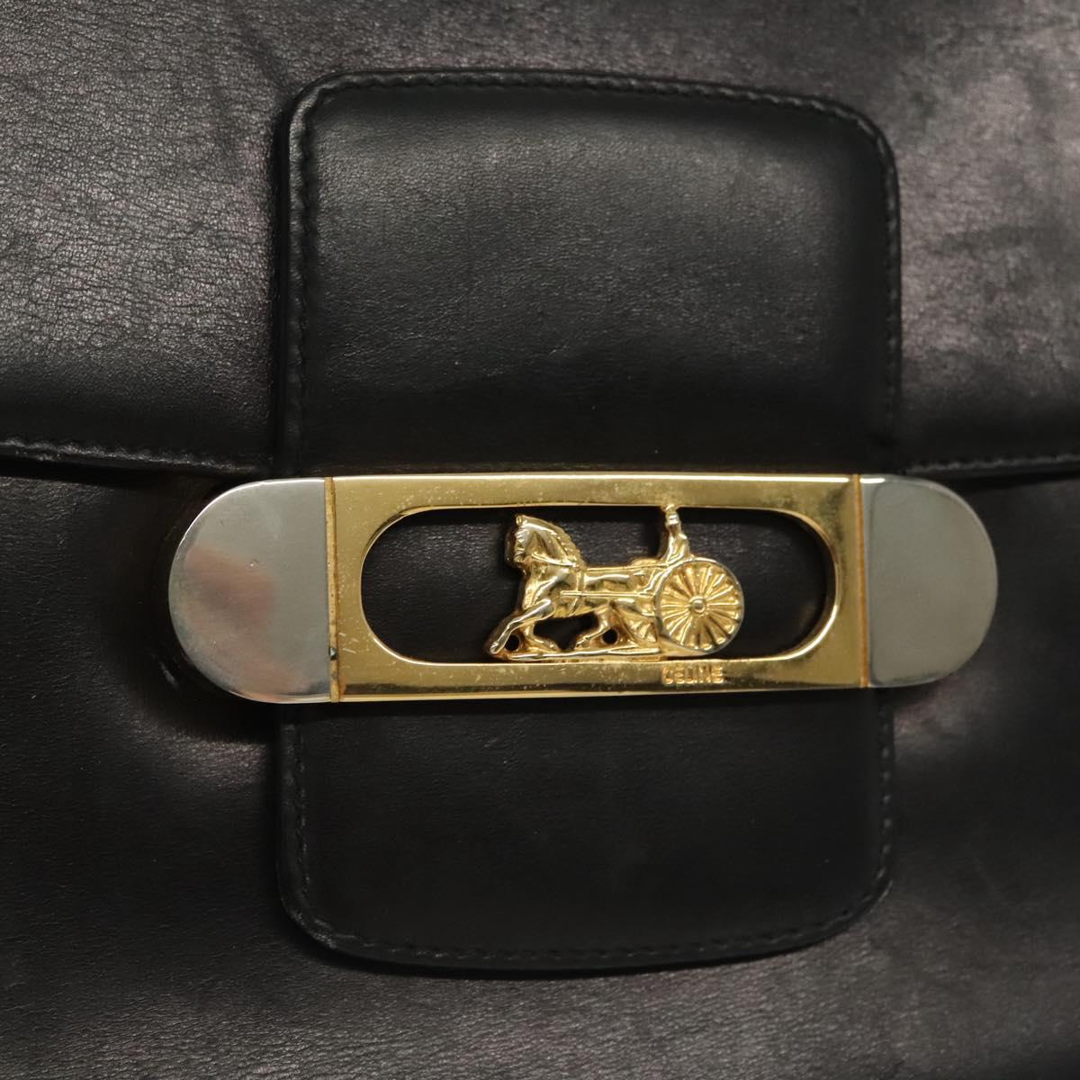 CELINE Horse Carriage Shoulder Bag Leather Black Gold Auth yk19109