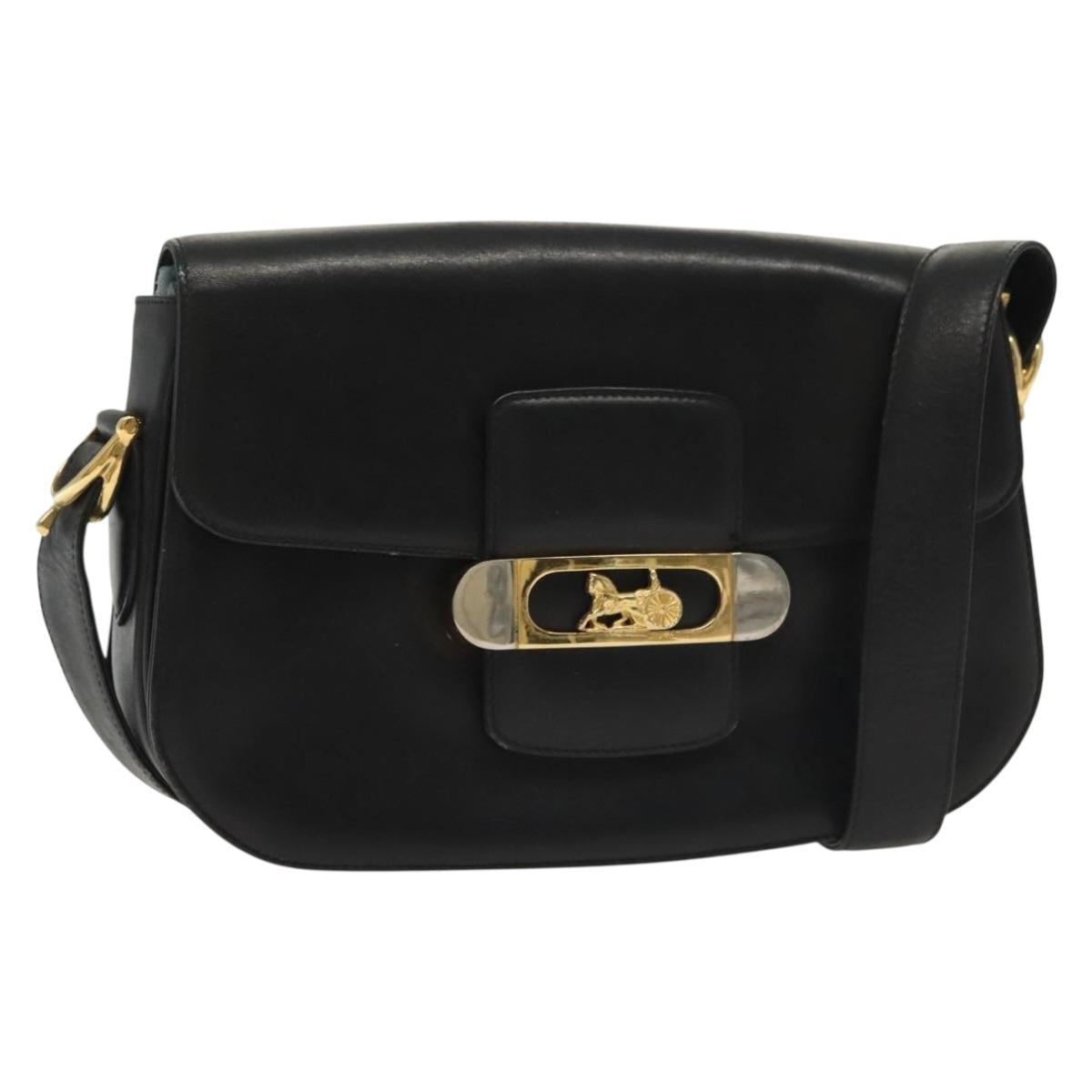 CELINE Horse Carriage Shoulder Bag Leather Black Gold Auth yk19109
