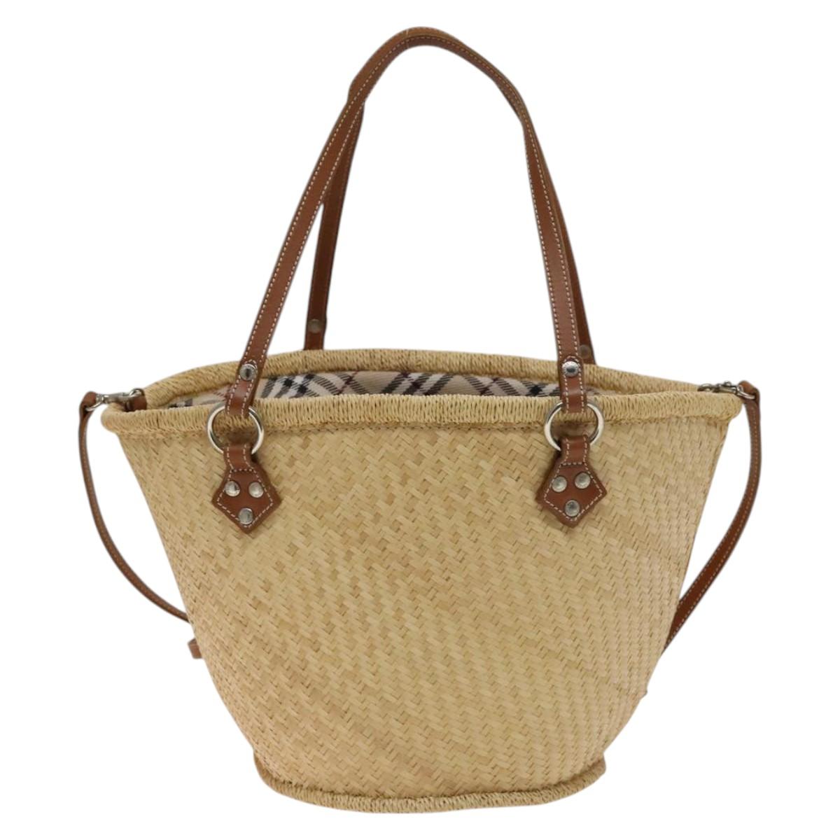 BURBERRY Blue Label Tote Bag Straw 2way Beige Silver Auth yk19134