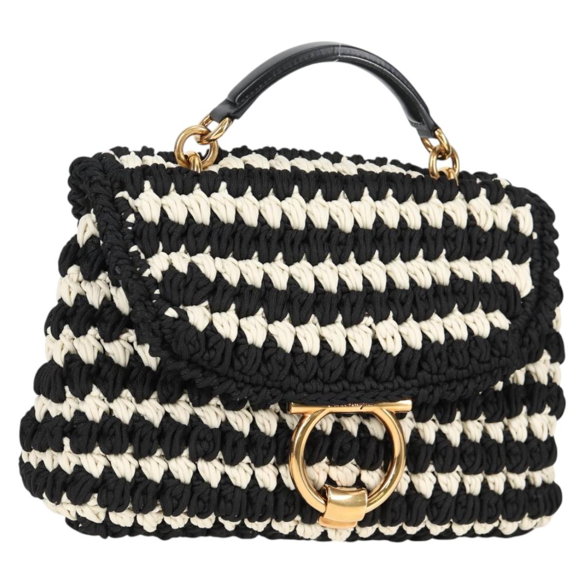 Salvatore Ferragamo Margot Gancini Bag Polyester 2way White Black Auth yk19192A