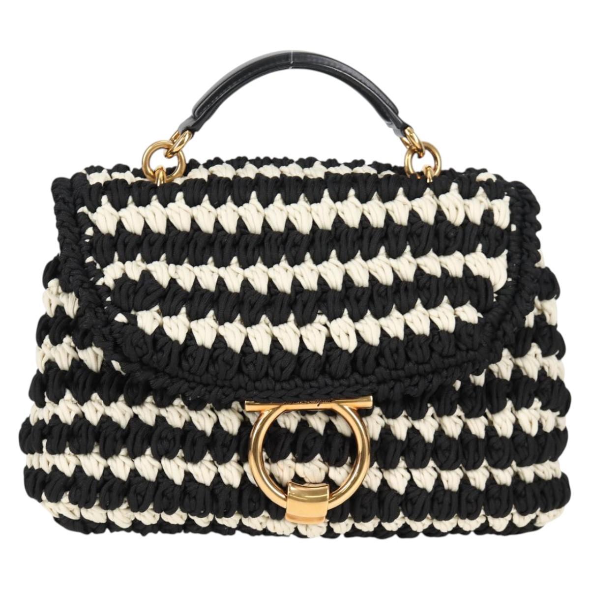 Salvatore Ferragamo Margot Gancini Bag Polyester 2way White Black Auth yk19192A