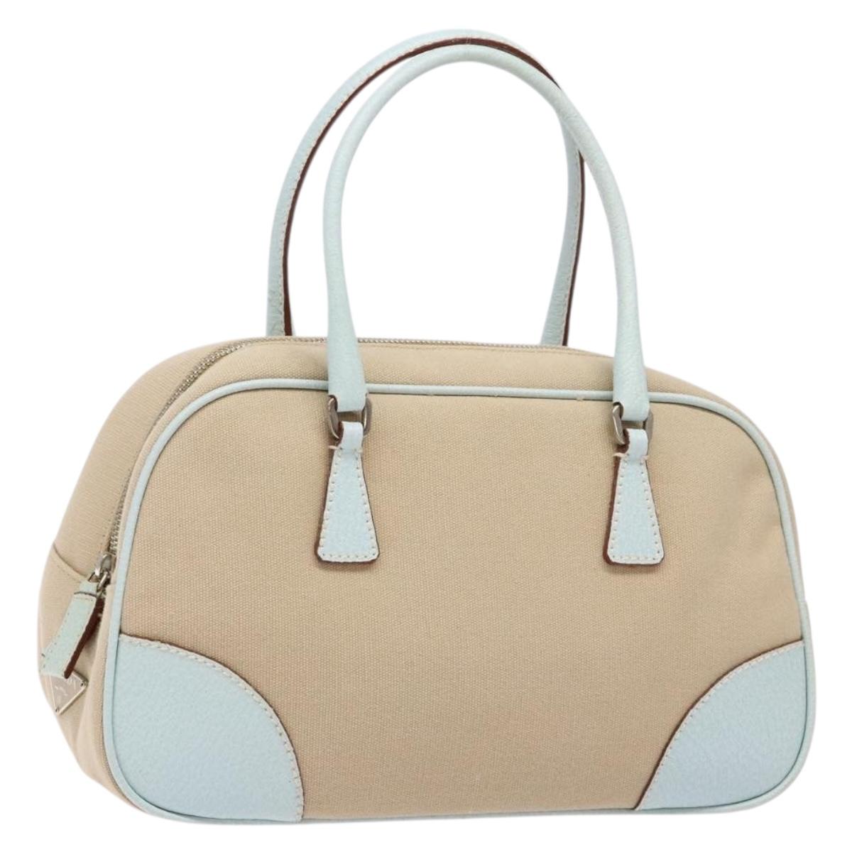 PRADA Hand Bag Canvas Beige Silver Auth yk19198