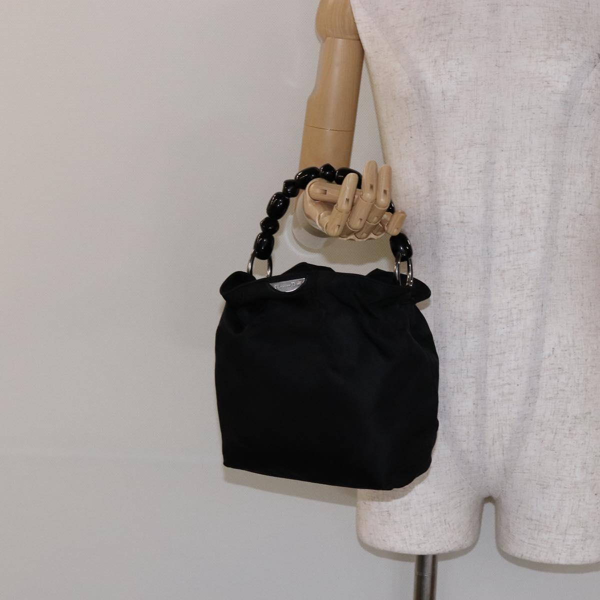 Christian Dior Maris Pearl Hand Bag Nylon Black Silver Auth yk19215
