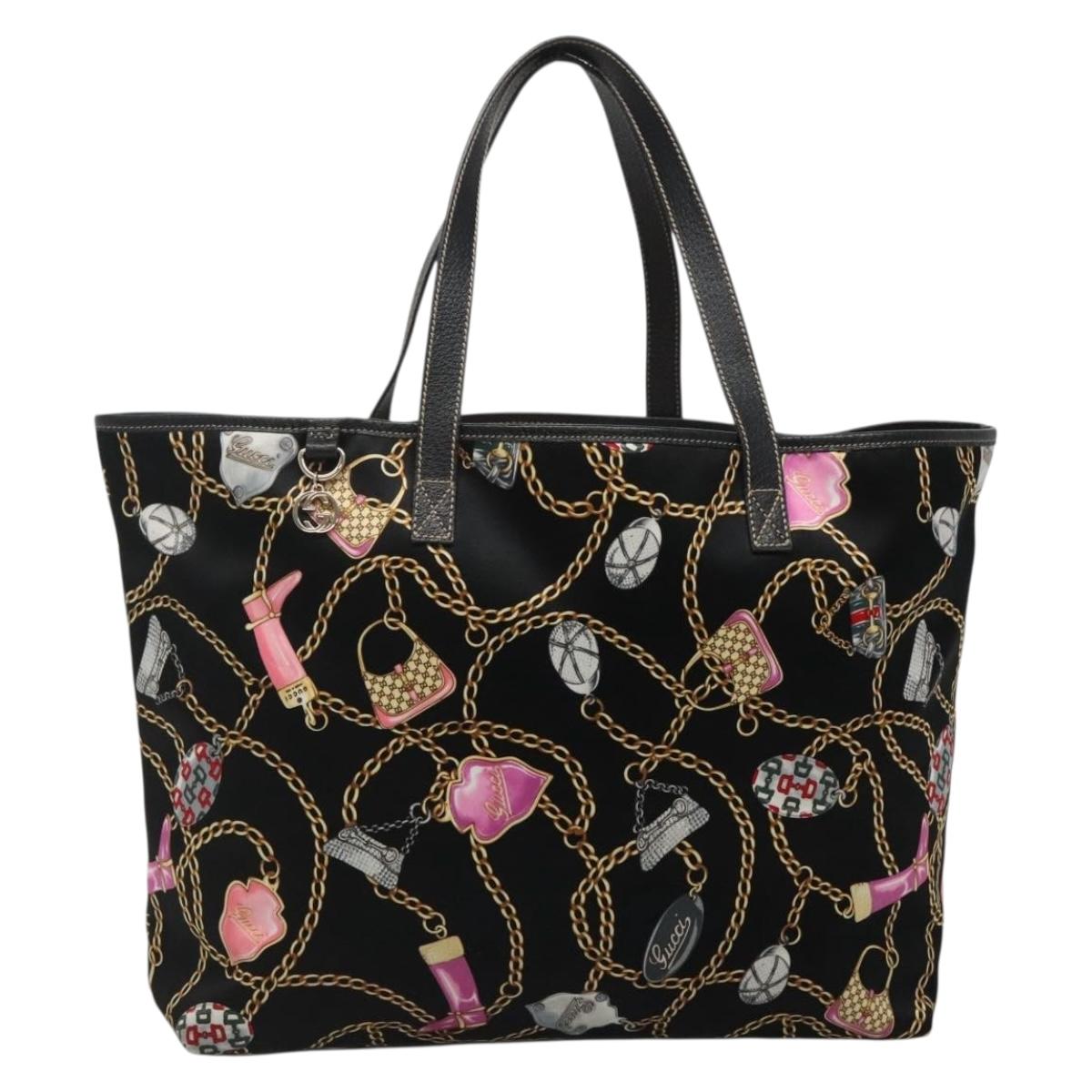 GUCCI Tote Bag Satin Outlet Black Gold 154402 Auth yk19258