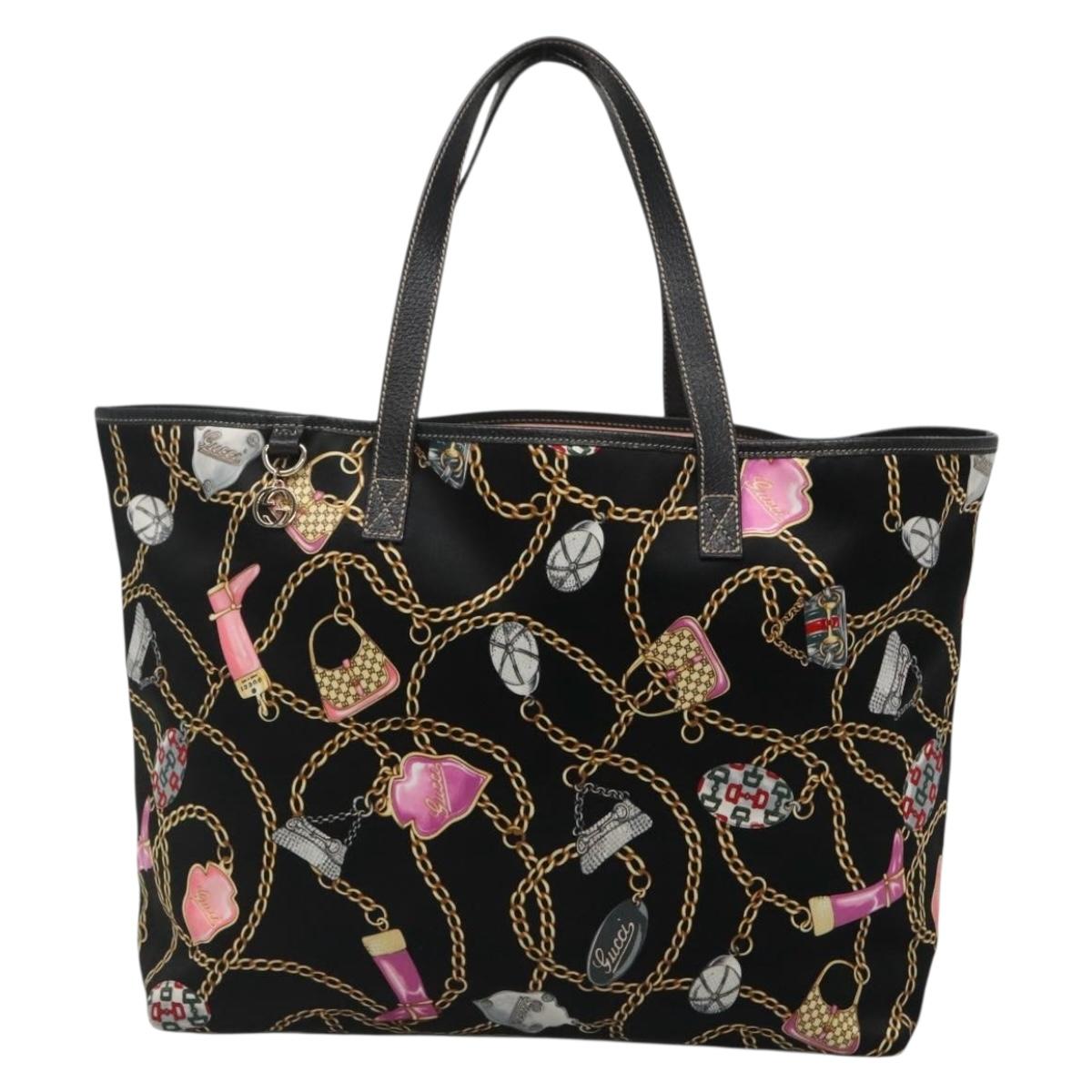 GUCCI Tote Bag Satin Outlet Black Gold 154402 Auth yk19258